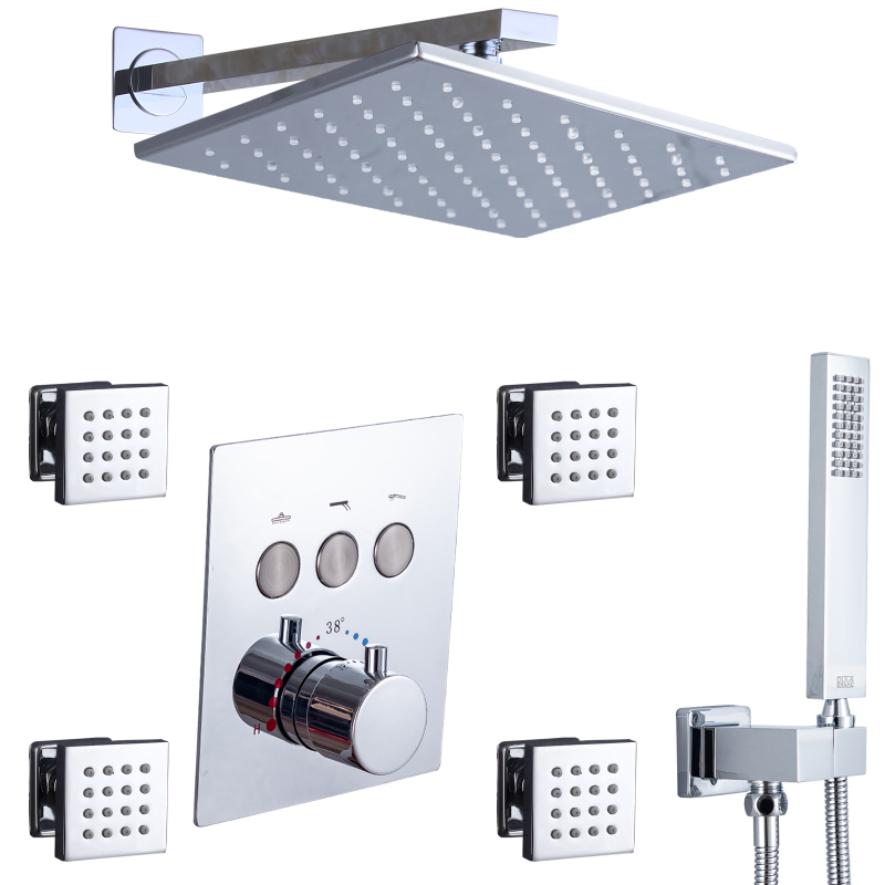 Thermostatic Bathroom Shower Faucet Set Push Button Valve 12X8 Inch Rectangular LED Rain Shower Head Body Message Jets