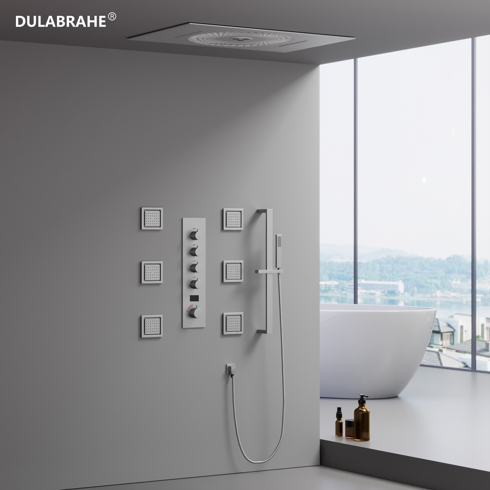 Modern Home Bathroom Vertical Hot & Cold with Digital Display Music LED Shower Head System with Lifting Lever Handheld Faucet Set