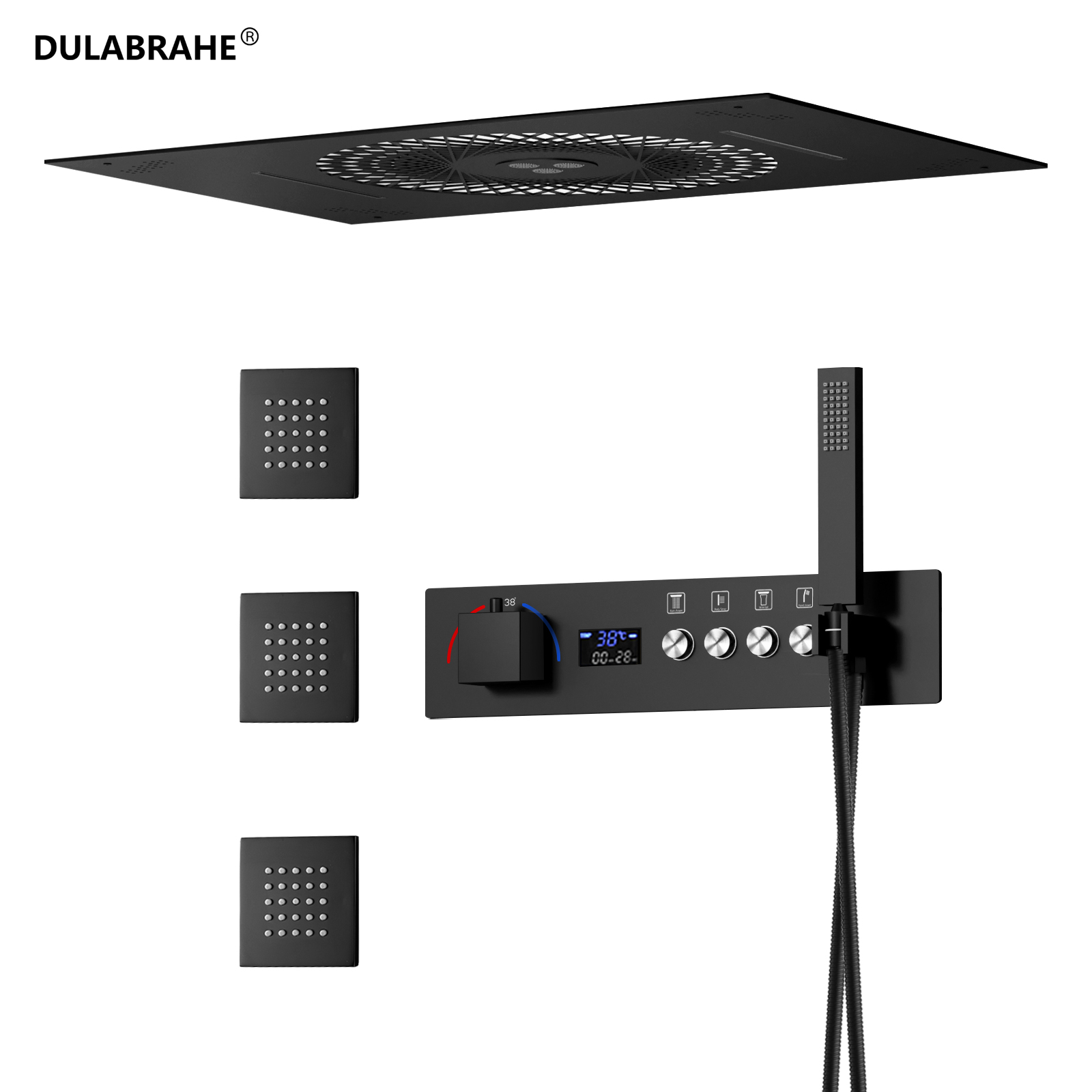 600X405MM Top Spray Shower Head with Music Speakers LED Waterfall Jet Bath Thermostat Shower Faucet Set