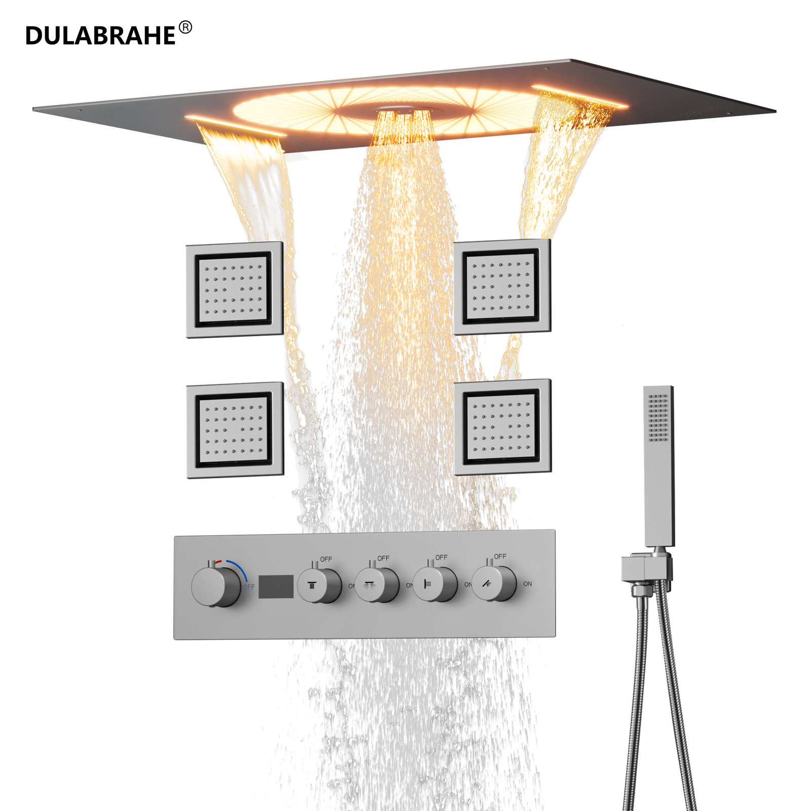 Hot And Cold Valve Water Faucets in Bathrooms Luxury LED Lights Sanitary Ware Stainless Steel Ceilings Shower Set with Sprinklers