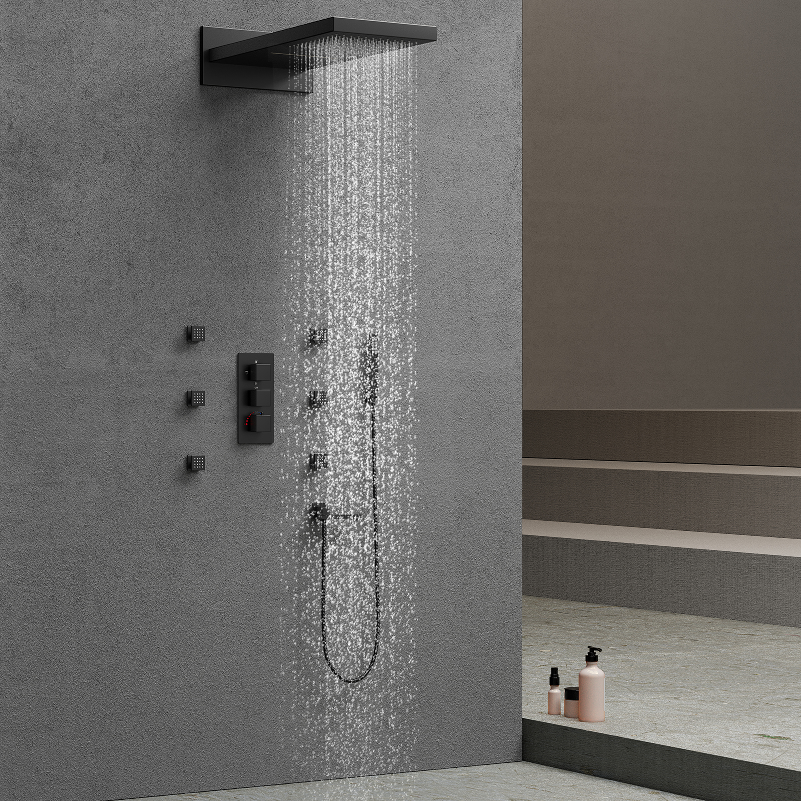 Black Shower Head Set Rain Gauge Bathroom Wall Mounted Brass Faucet Bathtub Waterfall Shower Faucet System