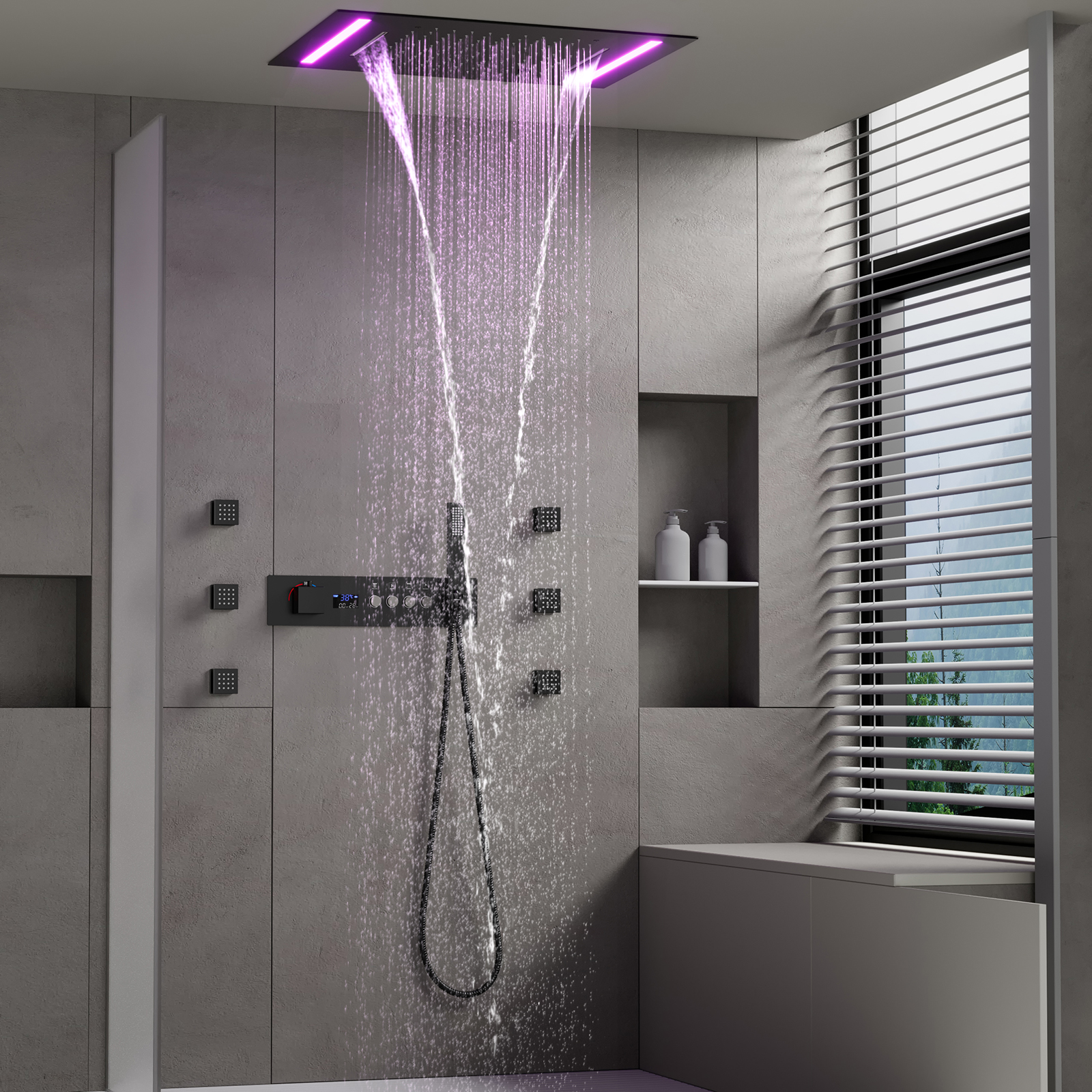 Modern Bathroom LED Shower Head 500*360MM Rain Shower Waterfall Ceiling Type Thermostatic Shower Valve Set
