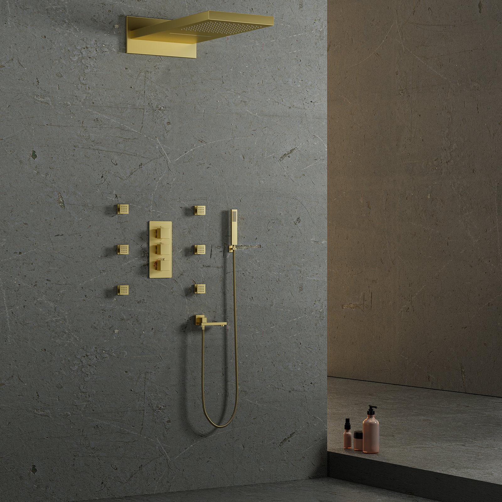 Luxury Gold Shower Head Set Shower Mixer Shower Rain Waterfall with Handheld Modern Square Faucet