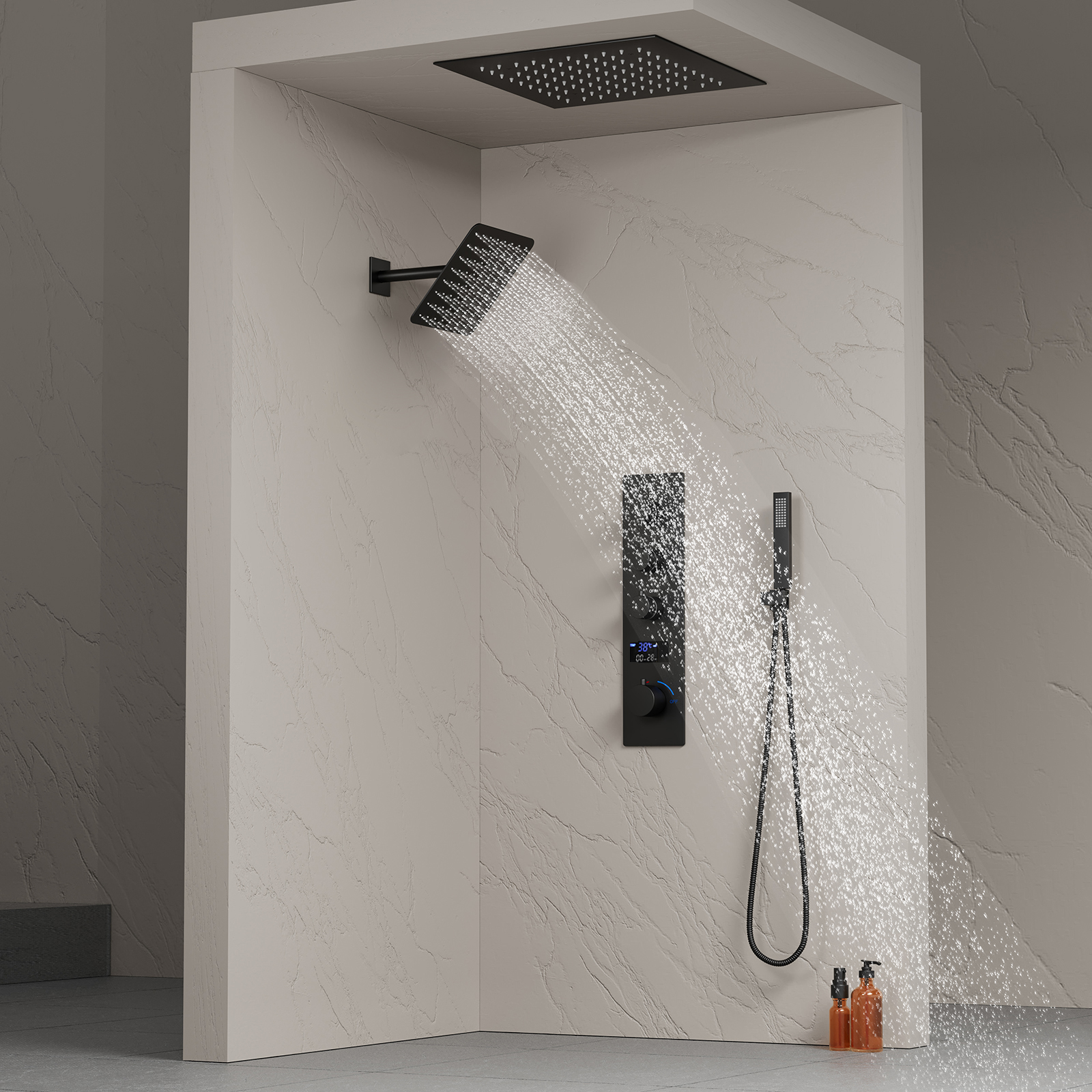 Bathroom Luxury Square LED Black Shower Head Set Rain Mist Thermostatic Ceiling Shower System