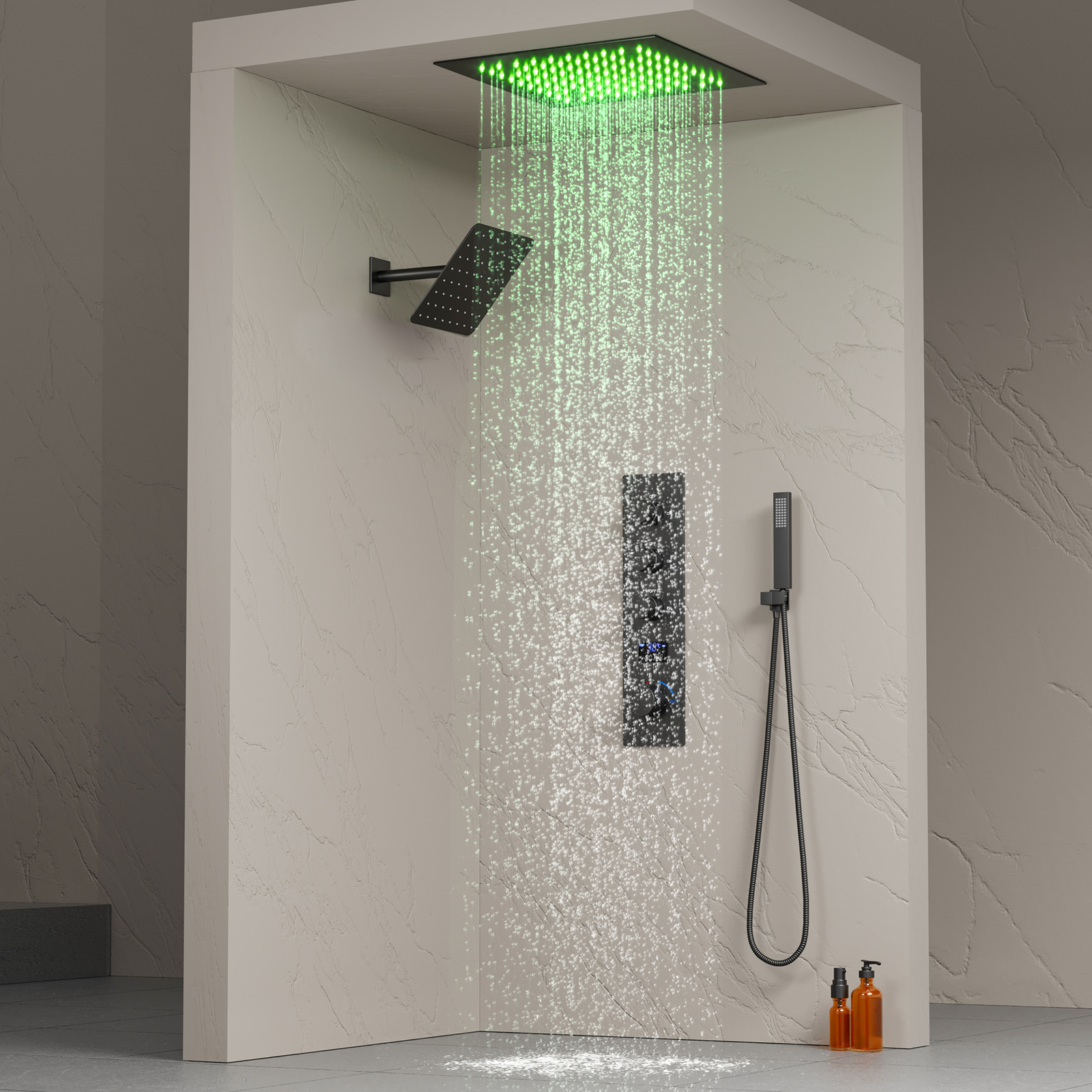 Bathroom Luxury Square LED Black Shower Head Set Rain Mist Thermostatic Ceiling Shower System