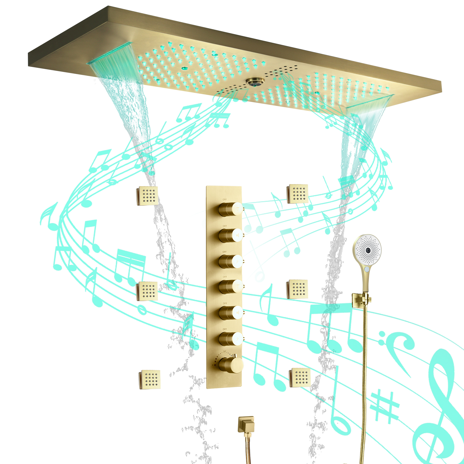 LED Bathroom Brushed Gold Shower Head System Rain Shower Waterfall System Thermostatic Shower Faucet Set