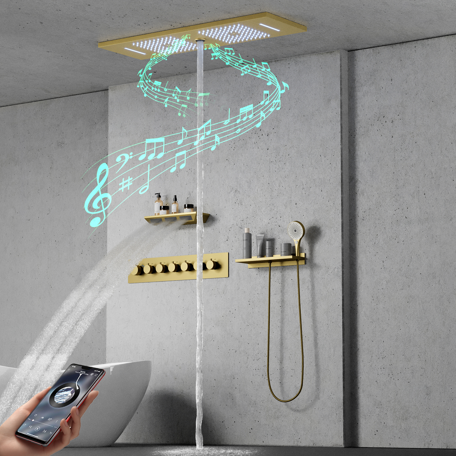 Bathroom Atomized Waterfall Thermostatic Shower Faucet with Shower Body Shower Head And Music Function Rain Shower LED Shower Head