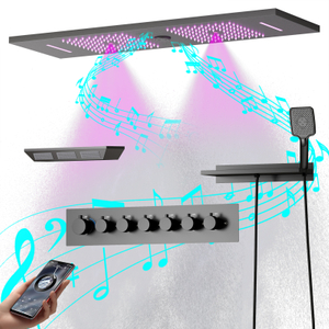 Ceiling Mounted Square Gun Grey LED Music Shower Head Set Rain Spray Thermostat Faucet with Side Showerhead