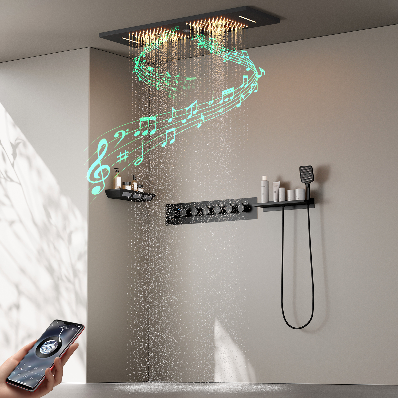 90x30Cm LED Light Square Brass Music High Pressure Rain Shower Top Sprayer Shower Faucet And Valve