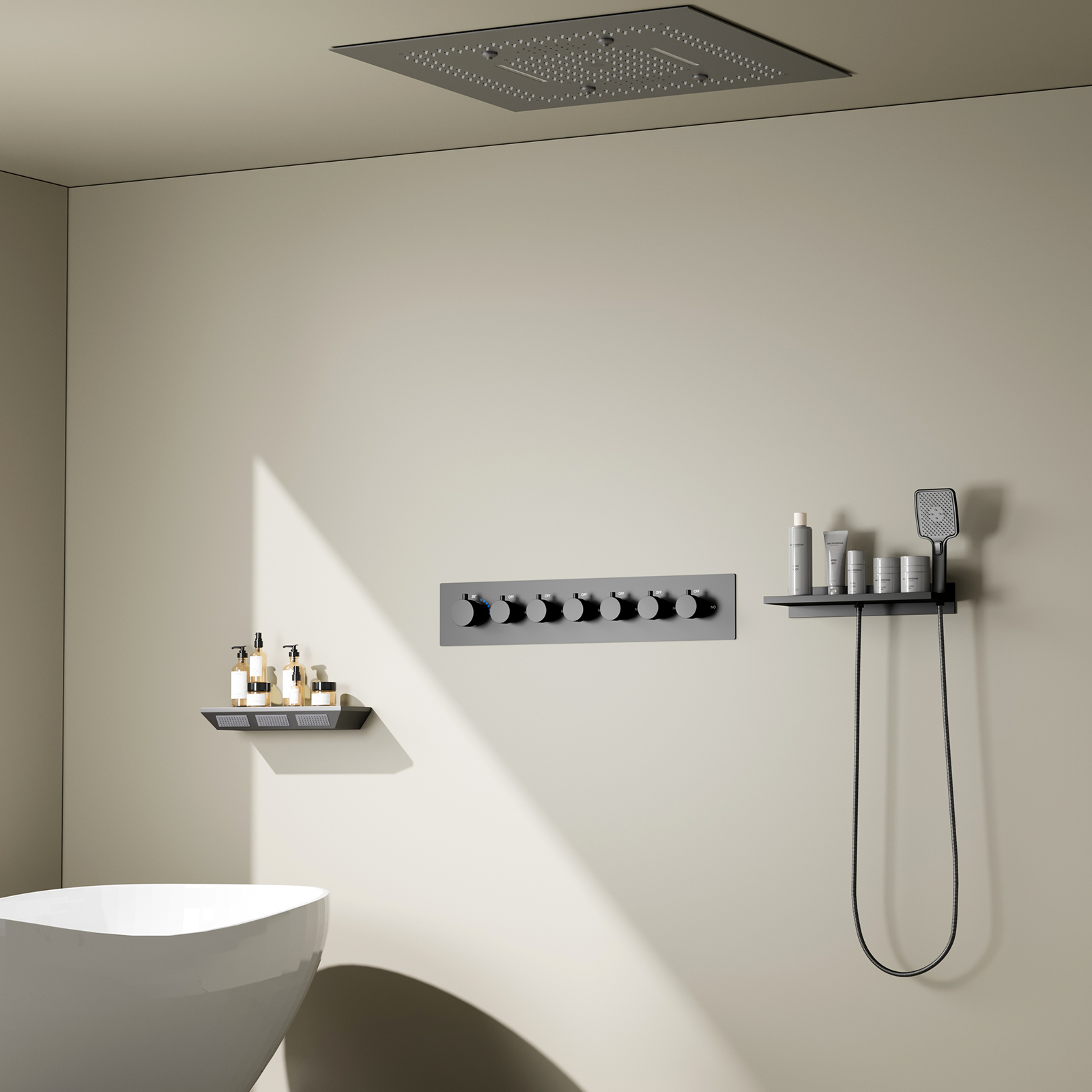 Bathtub Spa Gun Grey LED Shower Head Rain Shower Waterfall Multifunctional Recessed Ceiling Music Shower Set