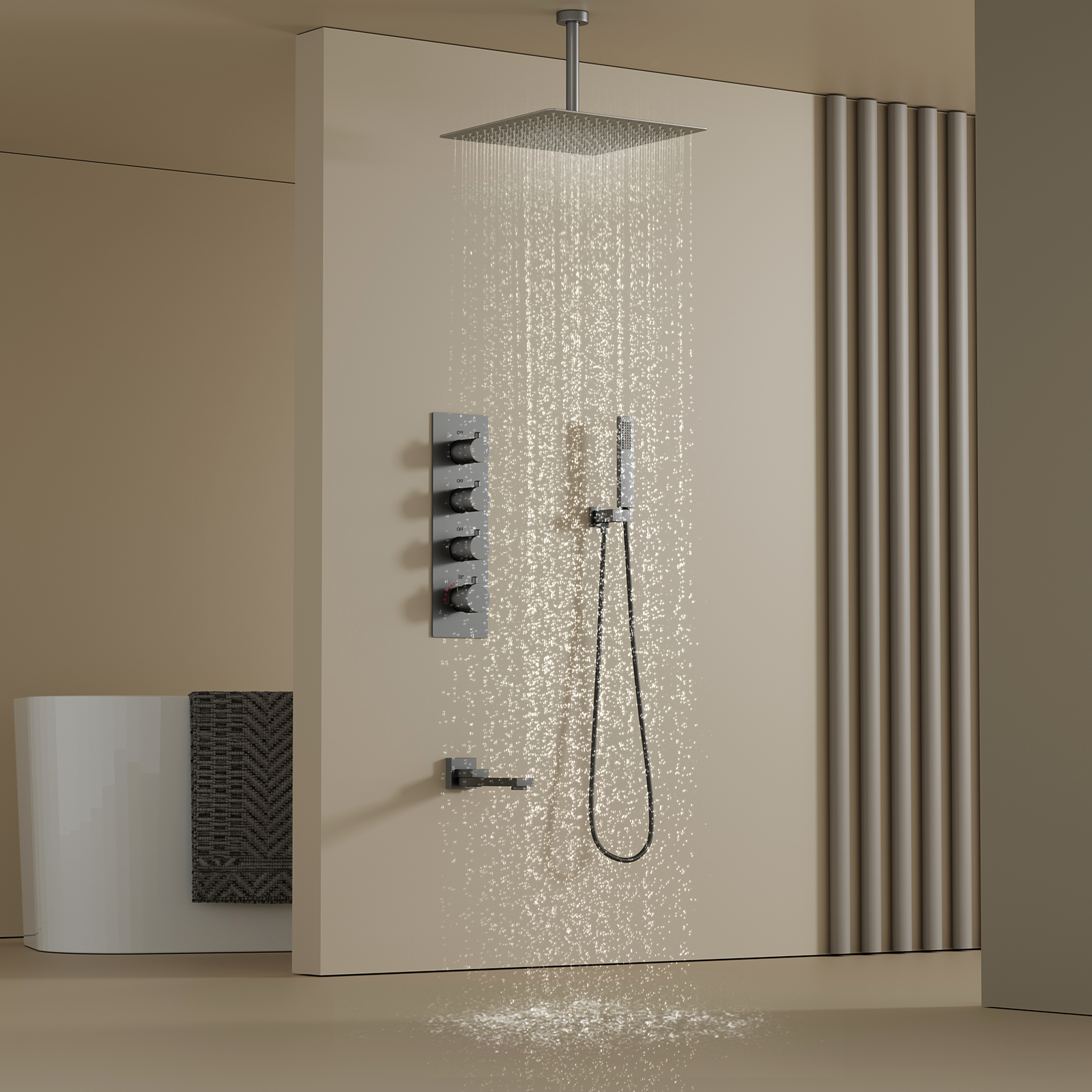 Brass Gun Grey 3 Function Bathroom Rain Shower System with Shower Head And Hose Set