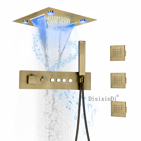The New Antique Brass Music Led Shower System Ceiling Mounted 16 Inch Waterfall And Rain Shower Head Bathroom Shower Set