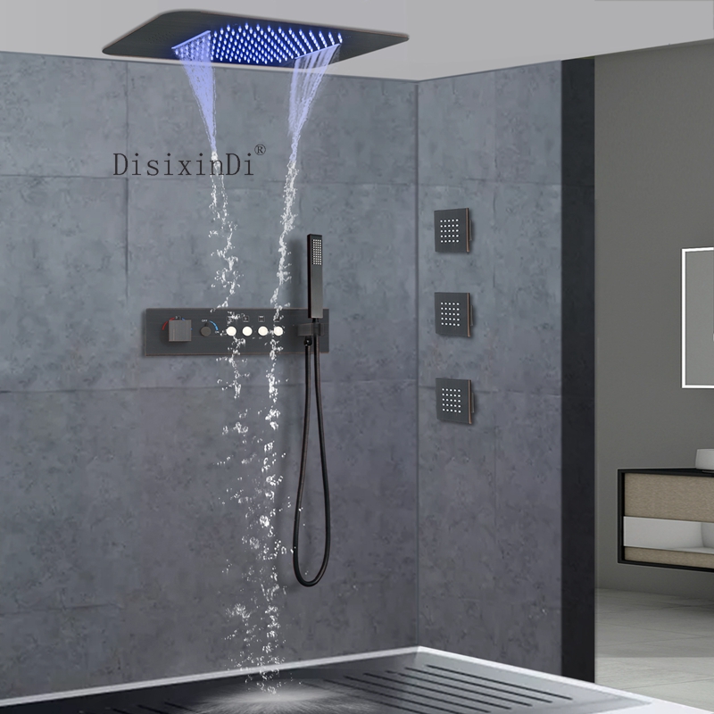 Ceiling Embedded 23*15 Inch LED Shower Head With Music Speaker Rain Waterfall Bathroom Thermostatic Shower Faucet Set