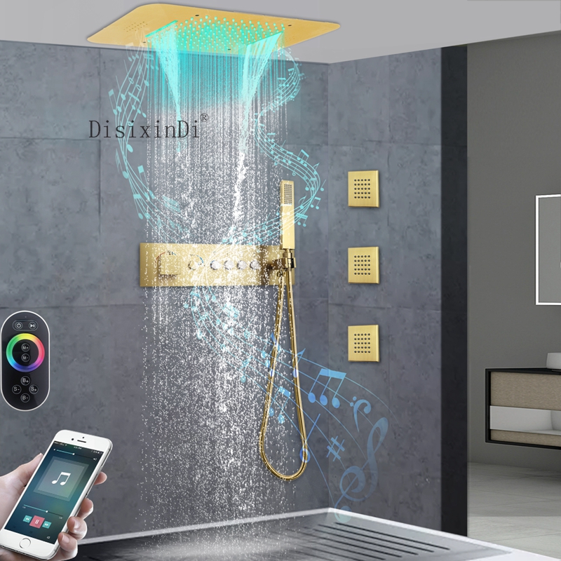 Ceiling Embedded 23*15 Inch Led Shower Head With Music Speaker System Rain Waterfall Bathroom Thermostatic Shower Faucet Set