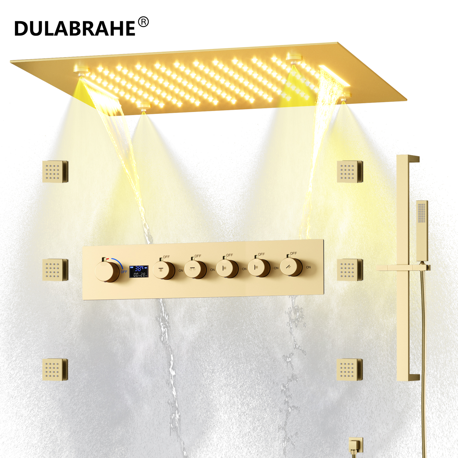 Brushed Gold Hidden Shower Set Wall Mounted Rain Shower Head Luxury Shower Valve Mixer Combo