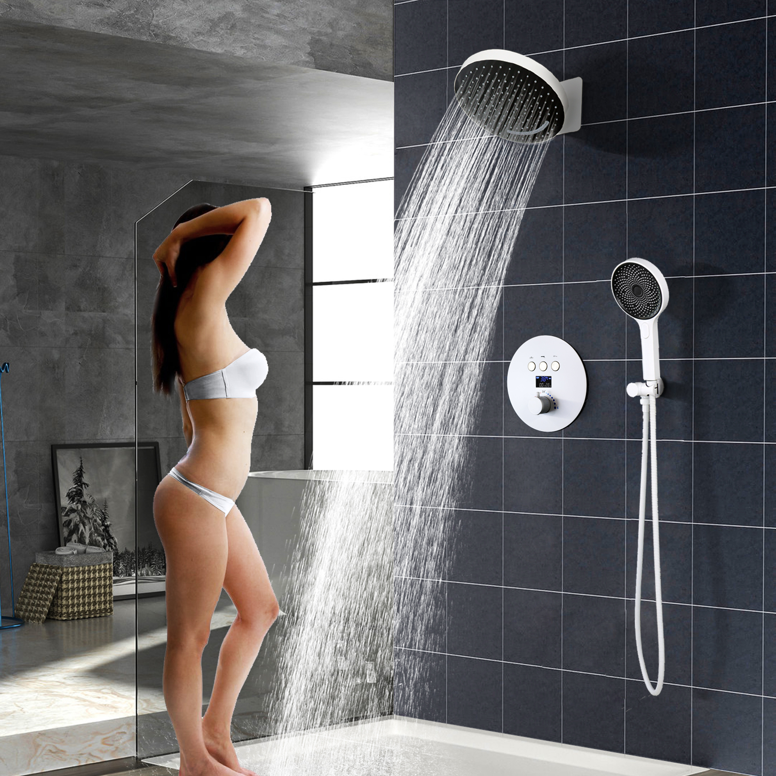 Concealed Shower with Wall Mounted Embedded Shower Set, Concealed Ceiling Shower in Household Bathroom