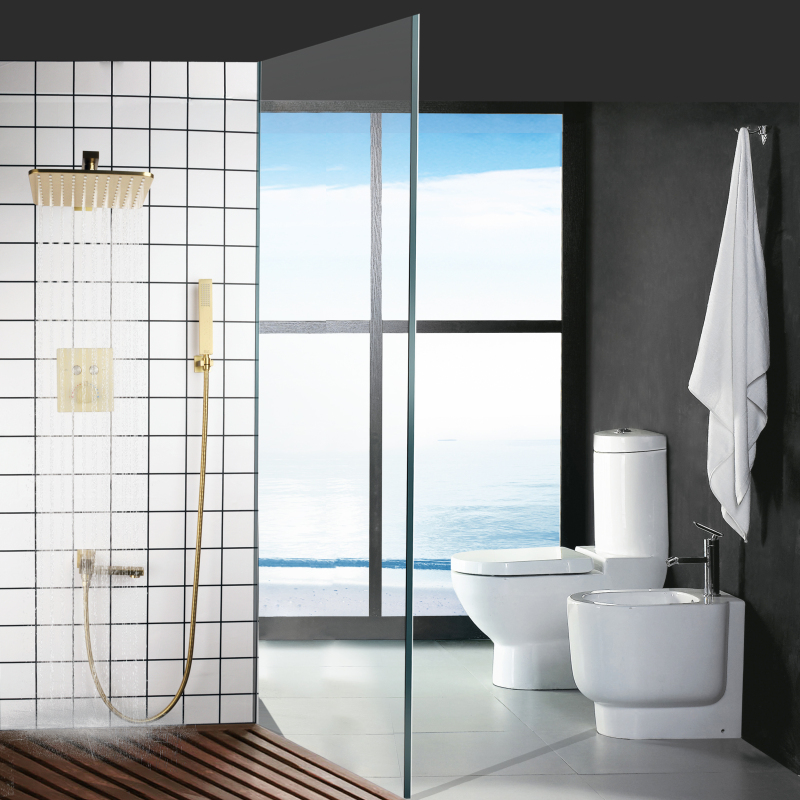 Brushed Gold Concealed Shower Set Bathroom Wall Thermostatic Rainfall High Pressure Hand Shower Bath