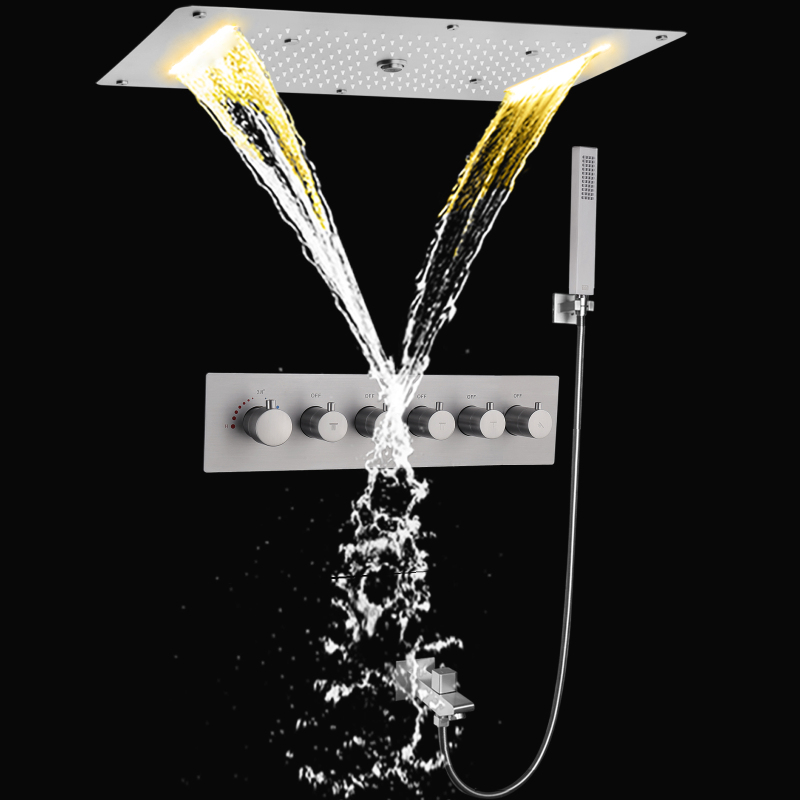 Brushed Nickel Thermostatic Shower System Set 700X380 MM LED Bathroom Waterfall Spray Bubble Rain