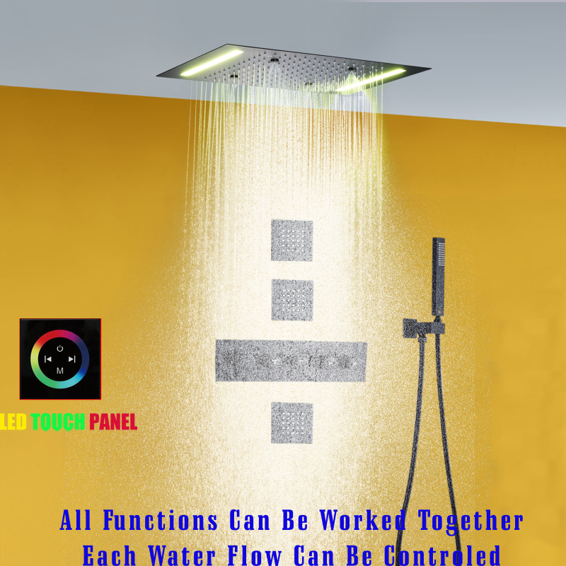 Matte Black Rain Shower Set 14 X 20 Inch Bathroom Mist Rain Shower System LED Thermostatic