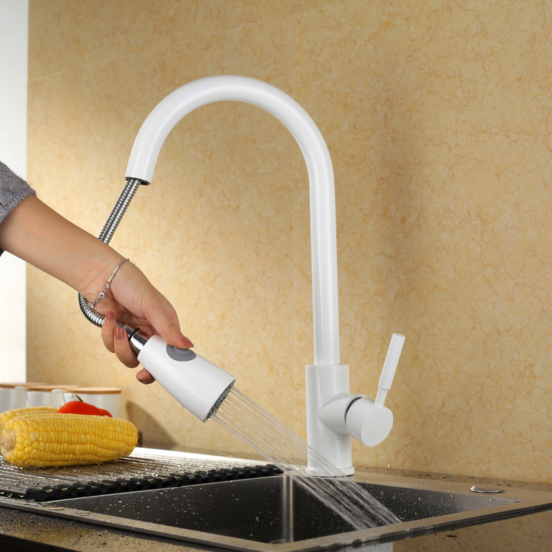 Hot Sales White Luxury Sink Bifunctional Contemporary Kitchen Faucets Pull Out Single Handle