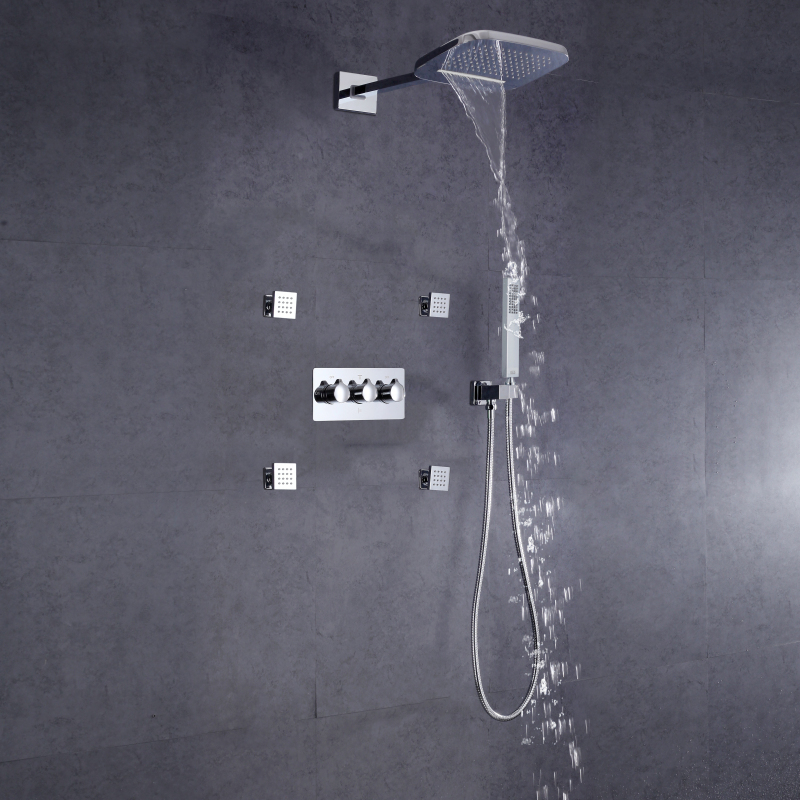 Chrome Polished Shower Head With Handheld Spray Wall Mounted Cold And Hot Rainfall Shower System Brass Massage Jet