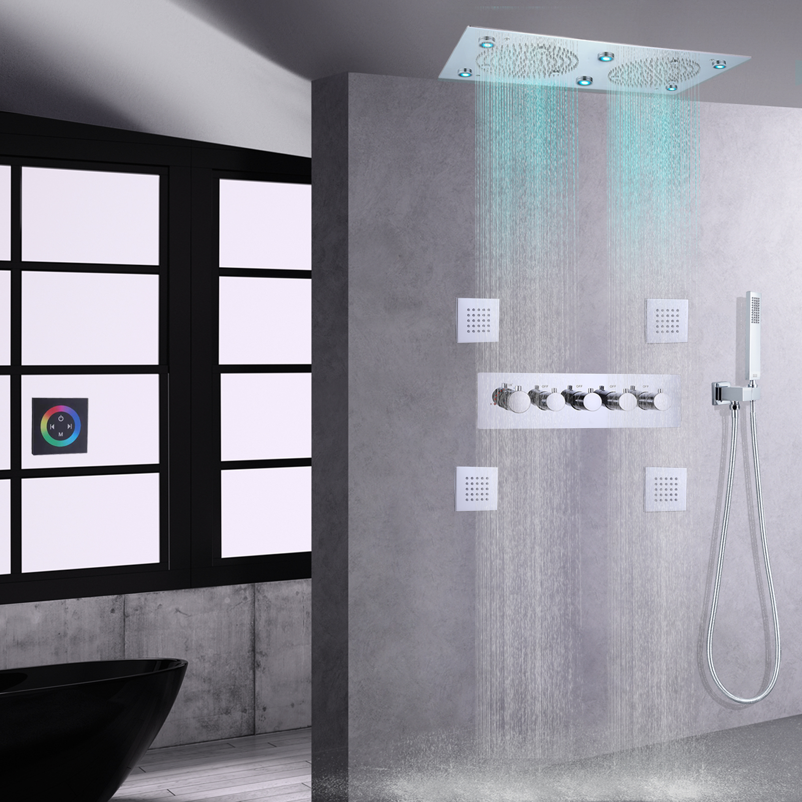 Chrome Polished Shower Faucet Bathroom LED Thermostatic Wall-mounted Rain Mist With Handheld Shower Arm