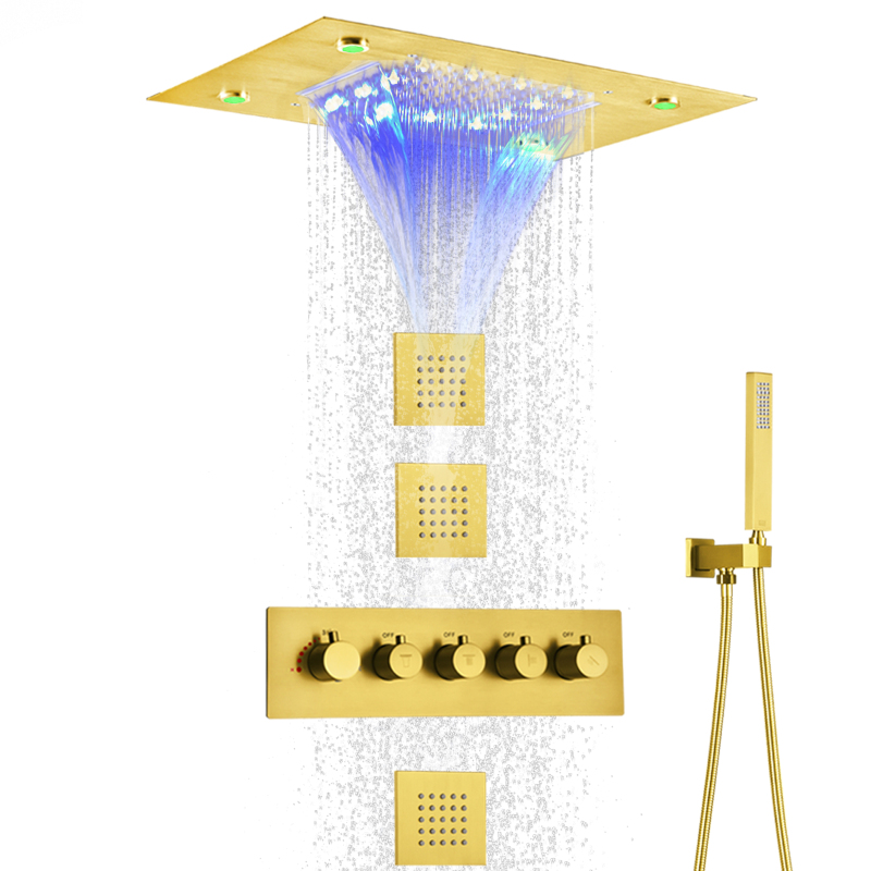 Brushed Gold Thermostatic Shower Set 14 X 20 Inch LED Modern Bathroom Waterfall Shower