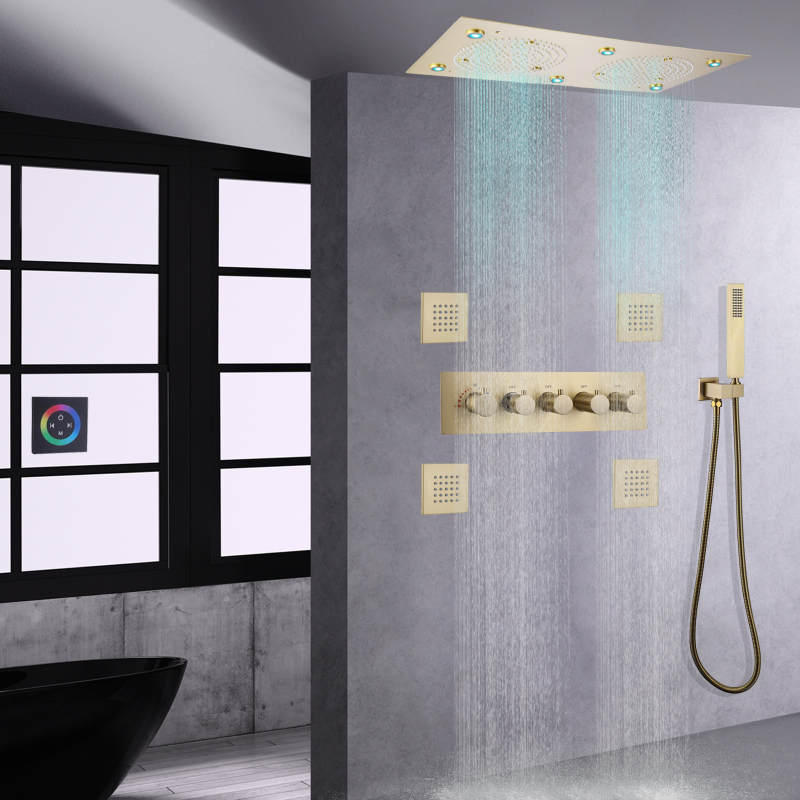 Bathroom Shower System Dual Head Set Wall Mounted LED Shower Head Thermostatic Bath Shower Set