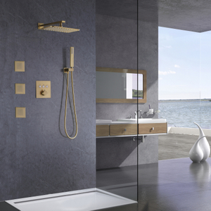 Luxurious Brushed Gold Thermostatic Bath Shower Faucets Rainfall With Brass Handheld