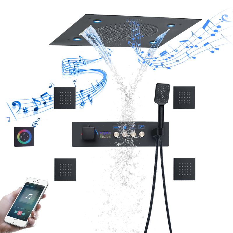 500*500MM Matte Black Shower Head LED Constant Temperature Digital Display Shower Faucet Set With Music Function