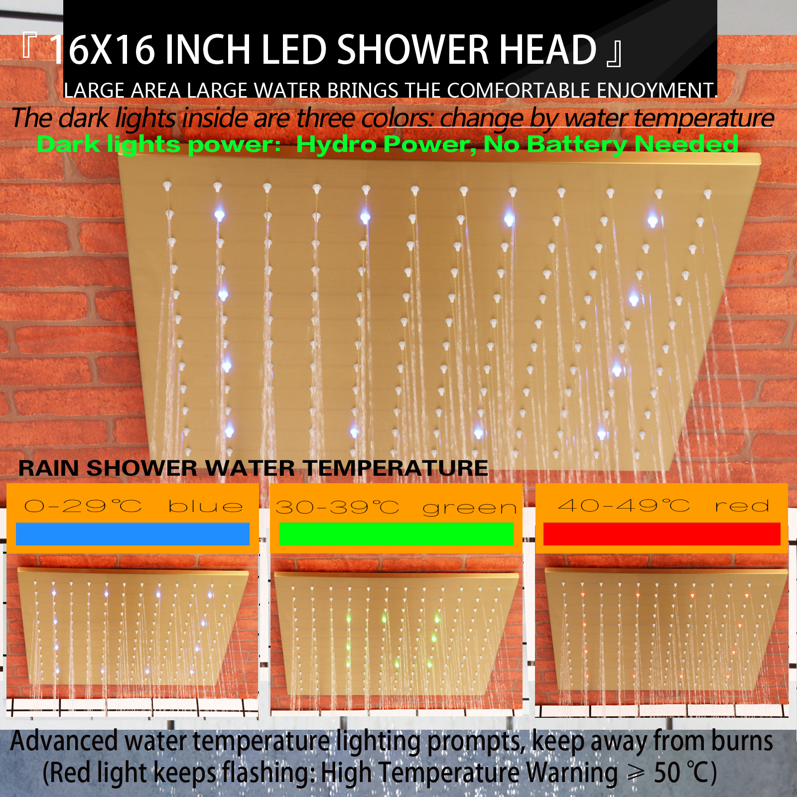 Brushed Gold Shower Mixer LED Bathroom Shower Panel Rainfall Thermostatic With Hand-Held Nozzle Spa