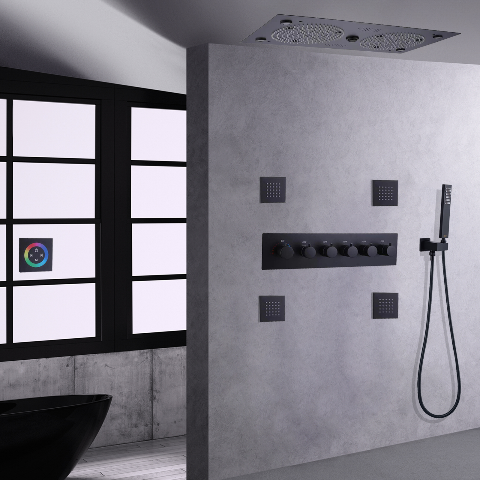 Matte Black LED Music Shower Systems Bathroom Bath Concealed Faucet Thermostatic Rainfall Shower Set