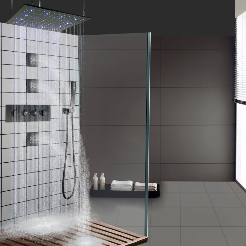 Oil Rubbed Bronze Bathroom Thermostatic Rainfall Bath Shower System Set 16 Inch LED With Hand Shower