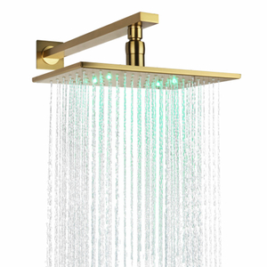 Brushed Gold Bath Faucets 28X18CM Shower Head LED 3 Color Temperature Changing Bathroom Wall Mount Shower Rainfall