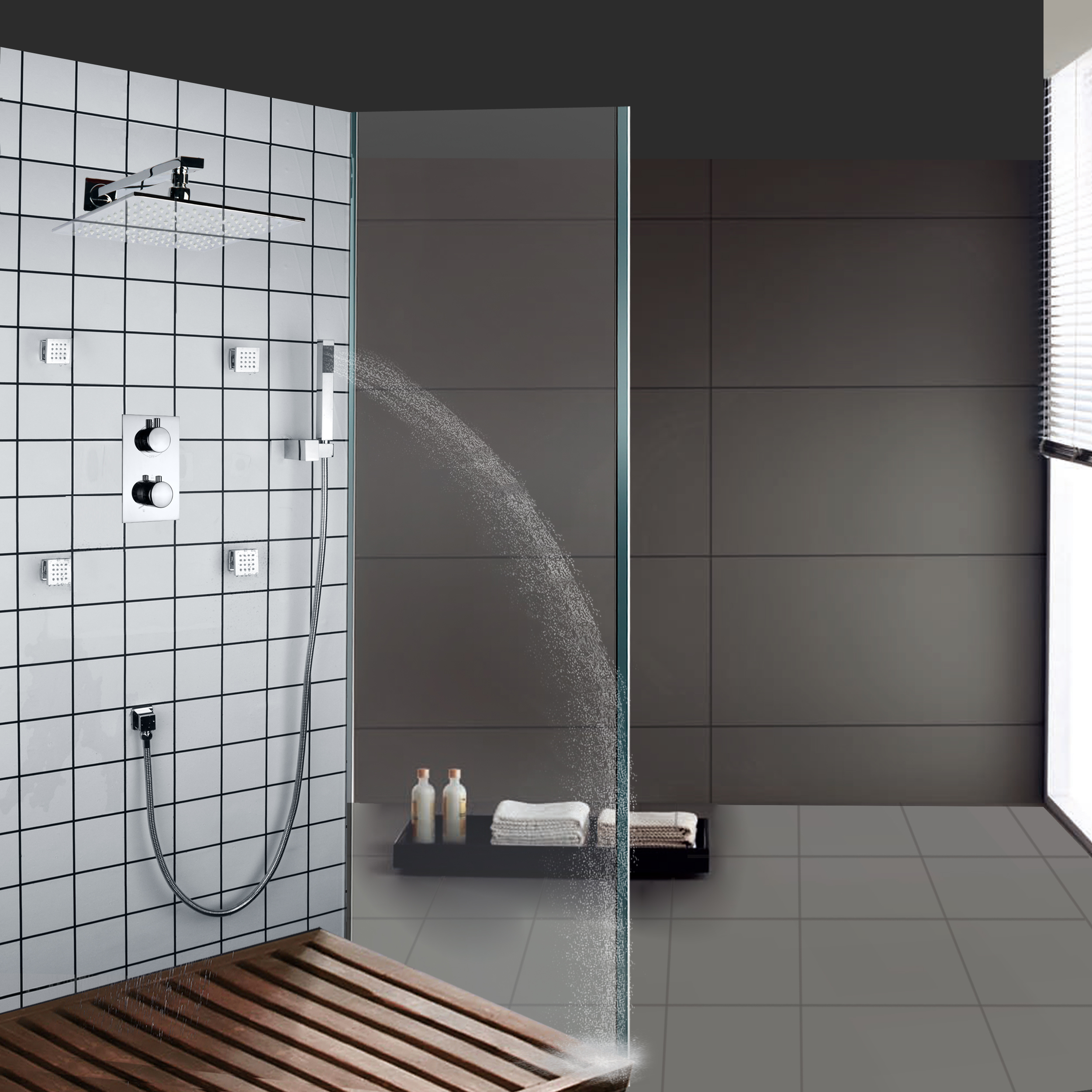 Chrome Polished Bathroom Shower Set Rainfall Douche Massage LED 3 Color Temperature Changing
