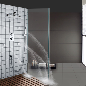 Chrome Polished Bathroom Shower Set Rainfall Douche Massage LED 3 Color Temperature Changing