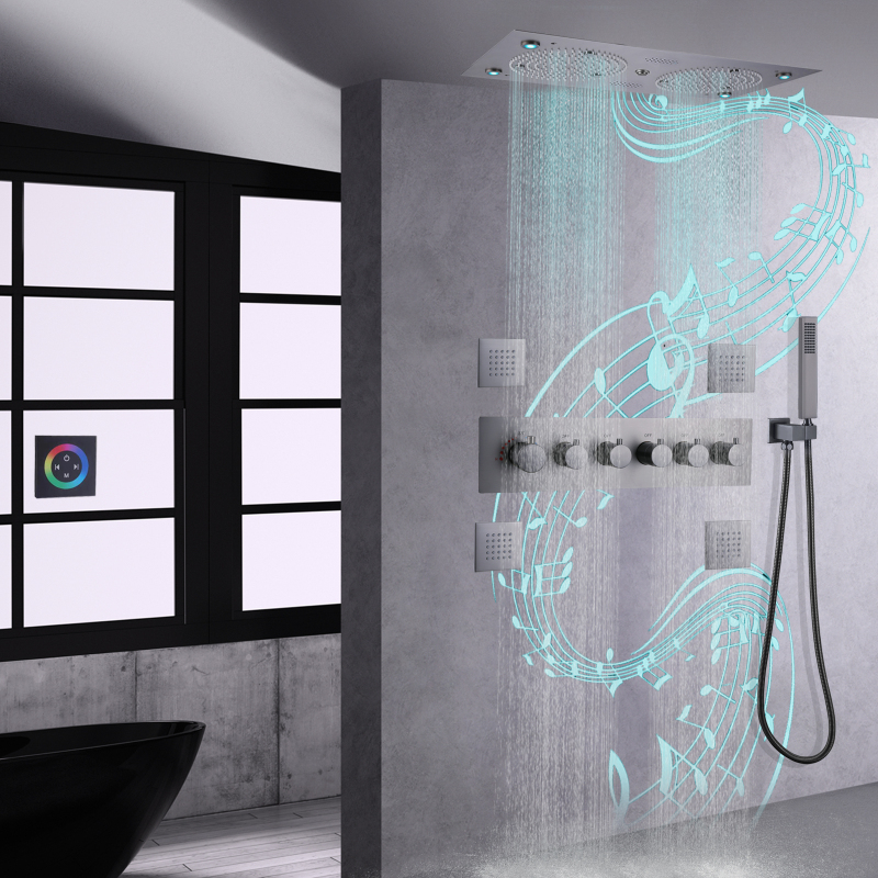 Gun Gray Thermostatic Top Shower Set 620*320mm LED Bathroom With Music Multifunction Shower With Hand-Held Nozzle