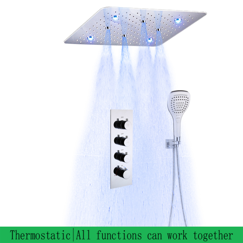 Chrome Polished Led Shower Head 500x500mm Ceiling Mounted Rainfall Mist Thermostatic Led Shower Set System