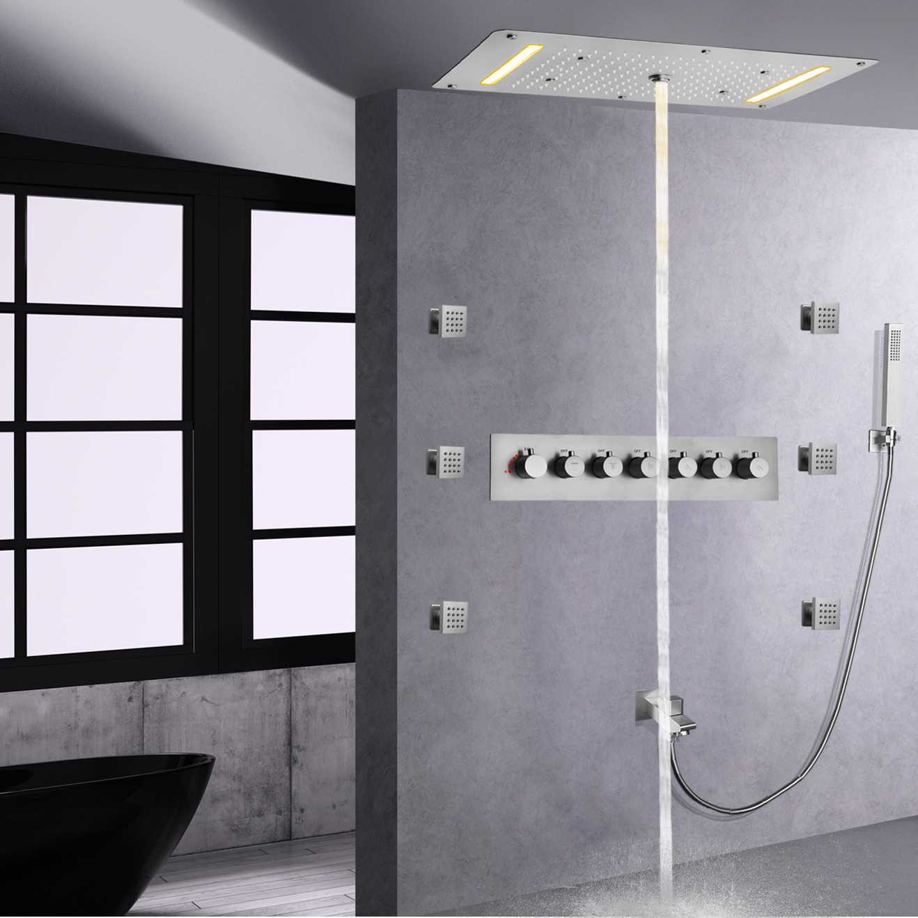 Brushed Nickel LED Thermostatic High Flow Shower System Bathroom Rainfall Concealed Shower Mixer Set