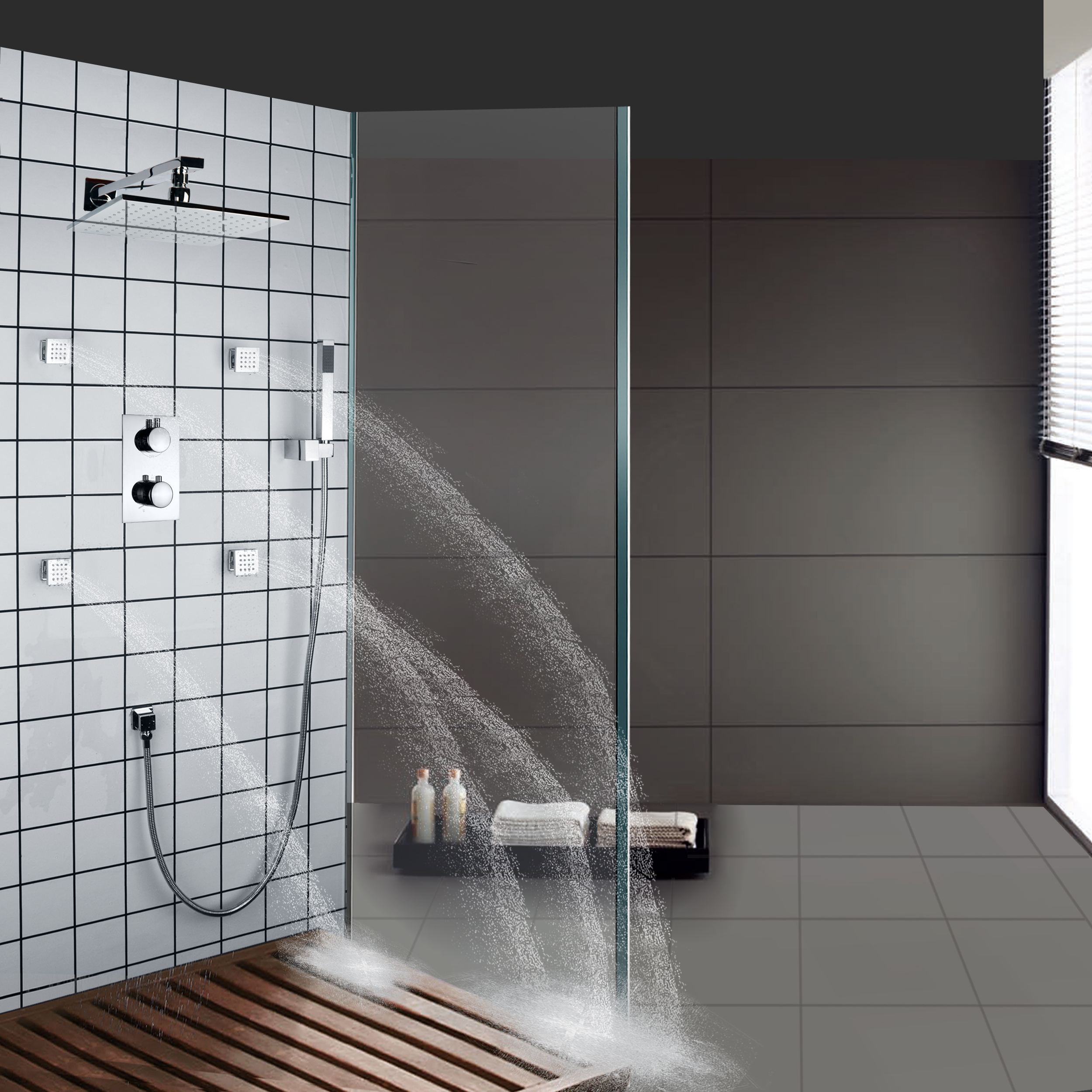 Chrome Polished Shower System Bathroom Thermostatic Bath Shower Faucets Rainfall Douche Set