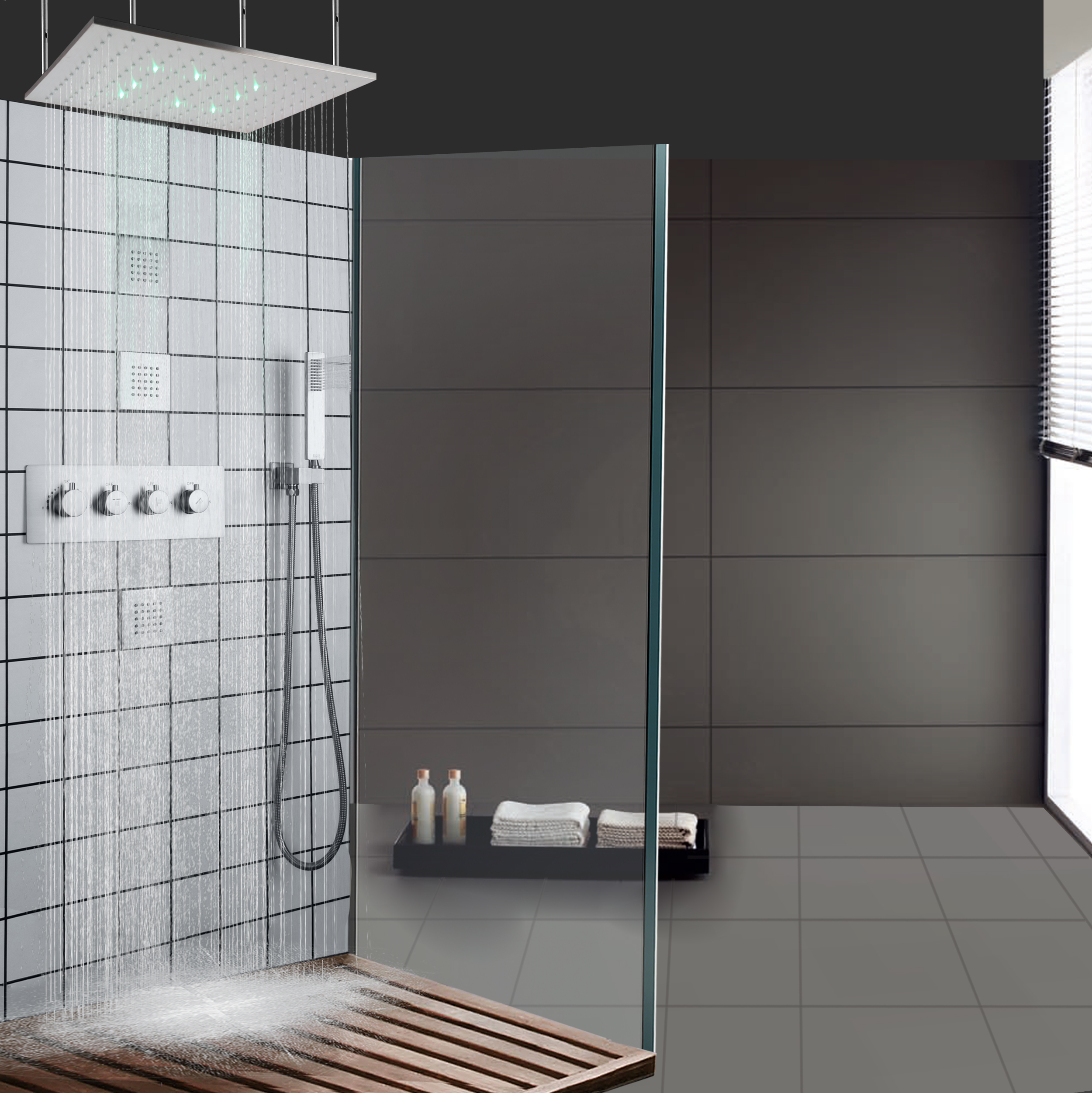 Brushed Nickel LED Thermostatic Bath Shower Faucet Rainfall With Brass Handheld Shower Arm