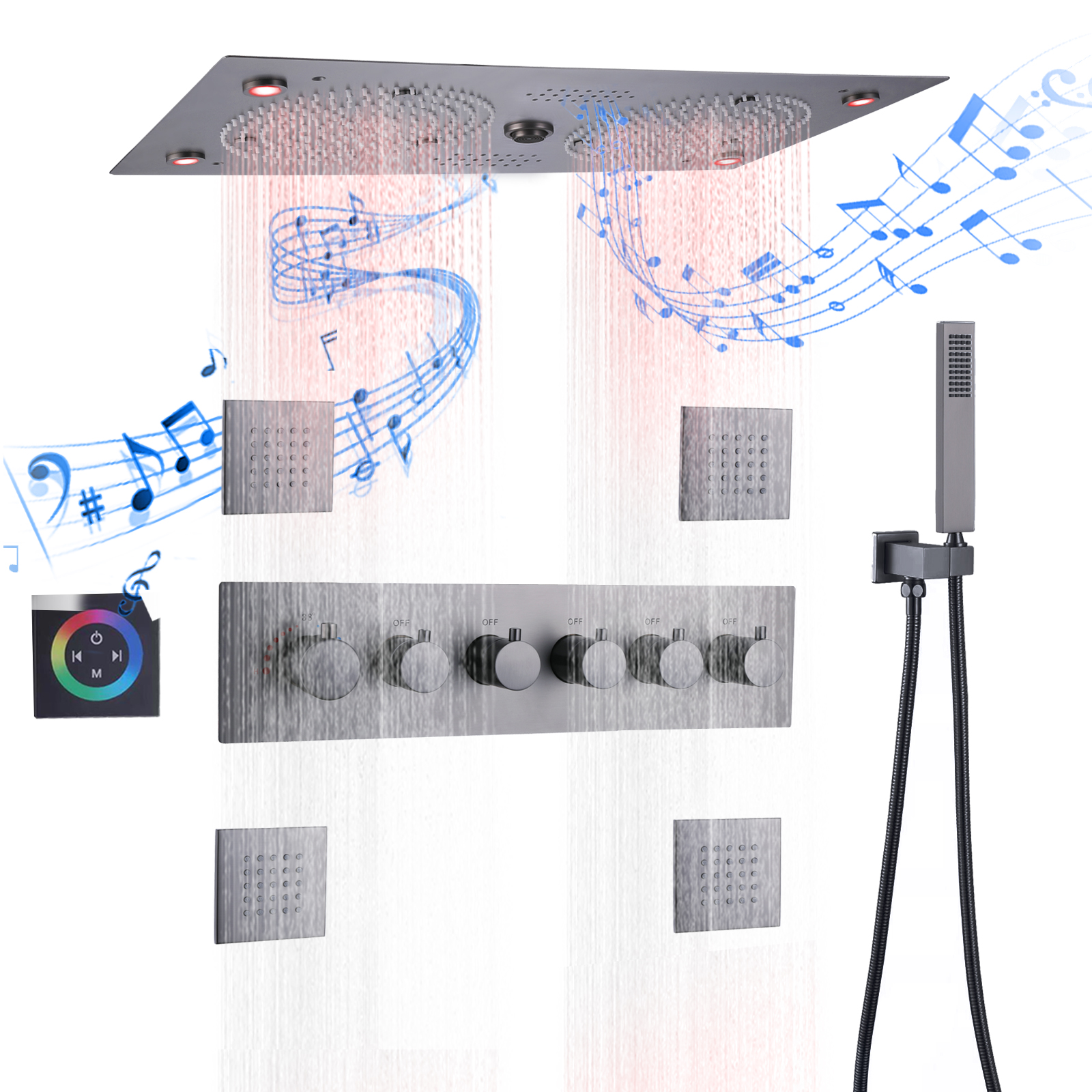Shower Head Music Shower Set LED Ceiling Rain Mist Thermostatic Gun Gray Faucets Douche Body Jet 4 Inch