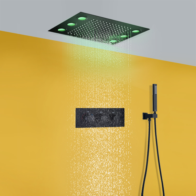 Matt Black 360x500 MM LED Ceiling Rainfall Shower Head Ceiling Recessed Thermostatic Two Functions Shower Mixer Set