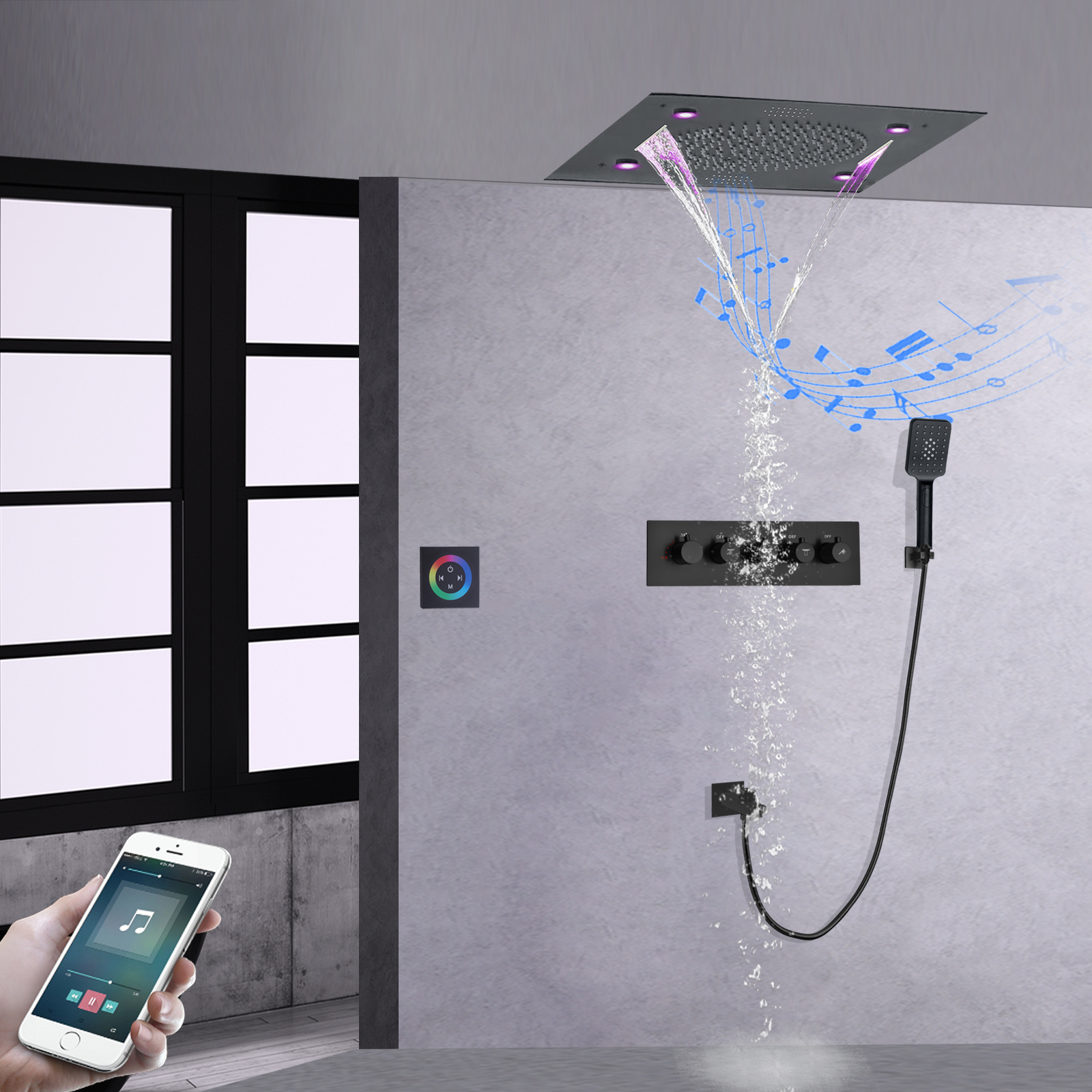 Thermostatic Bathroom 24 Inch Shower Set Concealed Ceiling Rainfall 304sus Waterfall Music LED Shower Head For Massaging Set