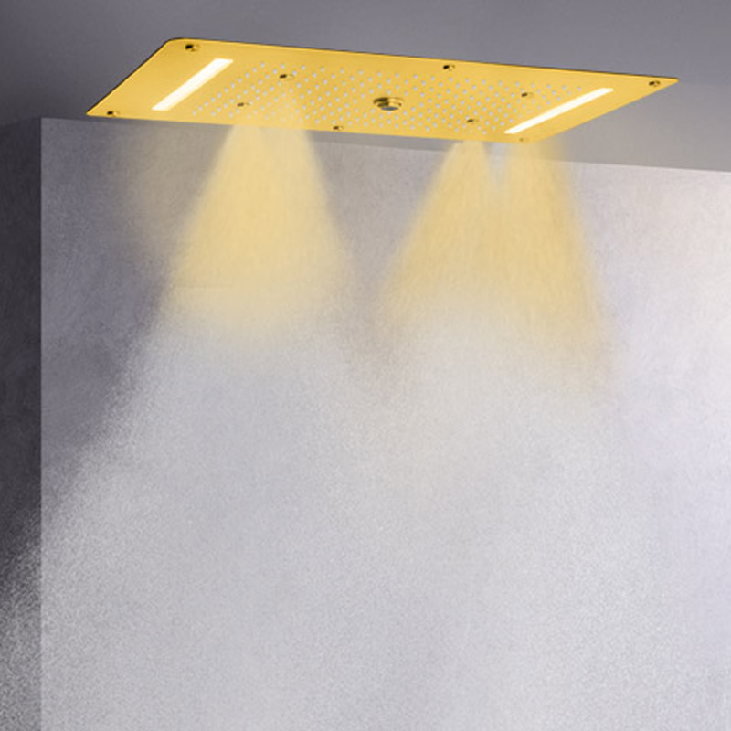 Luxury Brushed Gold Shower Mixer 70X38 CM LED Bathroom Multifunction Waterfall Rainfall Atomizing Bubble
