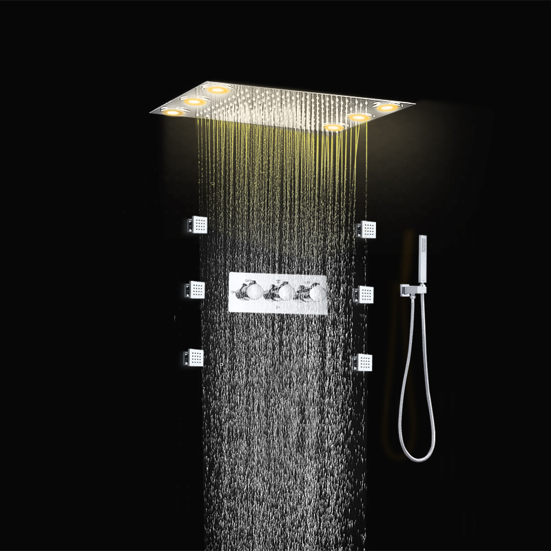 Recessed rainfall shower head led square shower set 6 body jets 304 stainless steel bath accessories hand shower