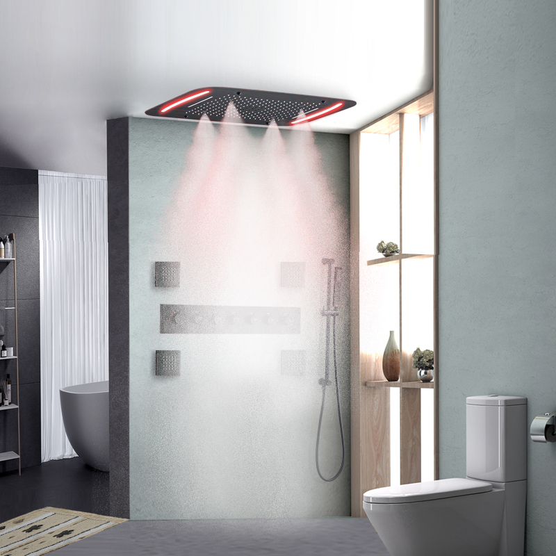 Oil Rubbed Bronze Thermostatic Shower Faucet 71X43 CM Luxury Bathroom LED Massage Rainfall Spray Shower Set