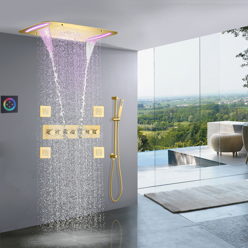 Brushed Gold Bath Shower 71X43 CM LED Bathroom Luxury High Flow Shower Thermostatic Rainfall Concealed Shower System