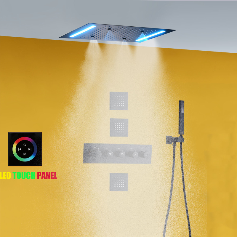 Matte Black Showers Combo Set 14 X 20 Inch LED Shower Head Brass Thermostatic Mist Shower
