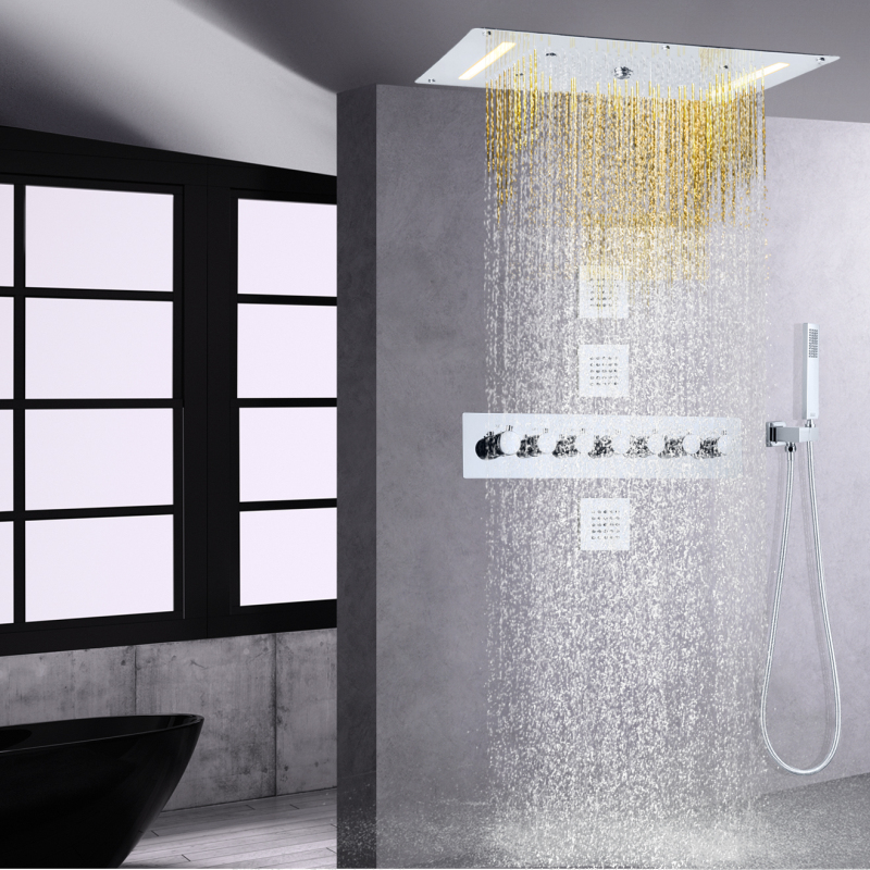 700X380 MM Chrome Polished Bath Thermostatic Shower System Ceiling Shower Head LED Waterfall Spray Rainfall